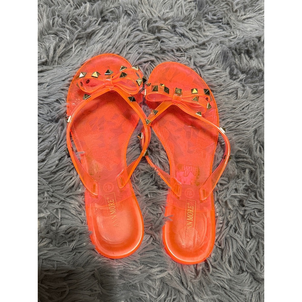 Ann More Jelly Flip Flops Women 41 Neon Orange Edgy Studded Bow Sandals Y2K